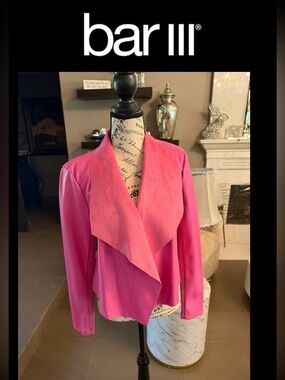 🆕 Bar III Essentials Women's Draped Open Faux Leather Fly Away Jacket - Hot Pink